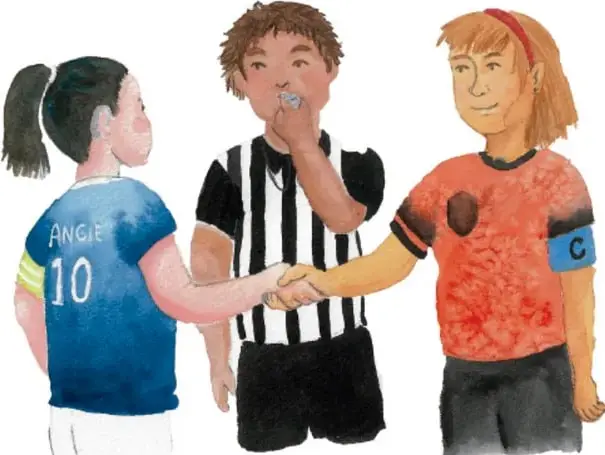 Ilustración de un árbitro de fútbol con dos jugadoras dándose la mano; una usa camiseta azul con el número 10 y la otra camiseta roja con brazalete de capitana.