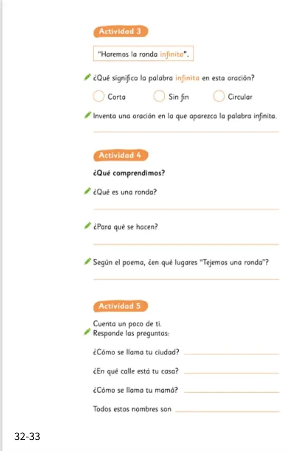 Recuadro de la Actividad 3 con la oración "Haremos la ronda infinita" y alternativas Corta, Sin fin, Circular.