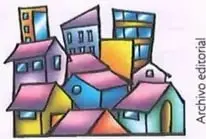 Localidad urbana con varias casas y edificios de colores.