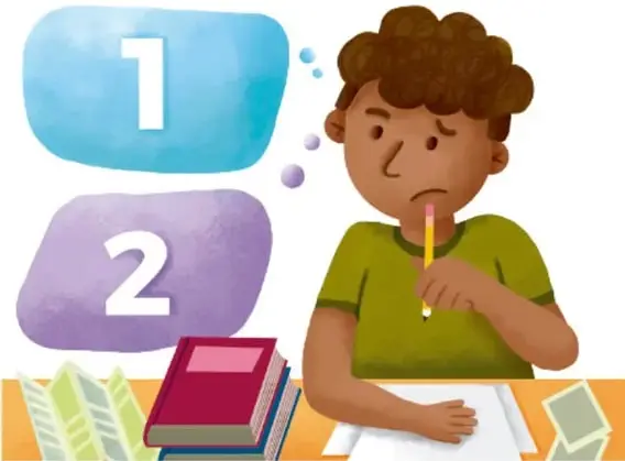 Ilustración de un estudiante pensativo con lápiz en la mano, frente a dos formas con los números 1 y 2 (las situaciones problemáticas), libros y hojas sobre el escritorio. Crédito: Luis Ángel Ortiz Sánchez, Ciudad de México.