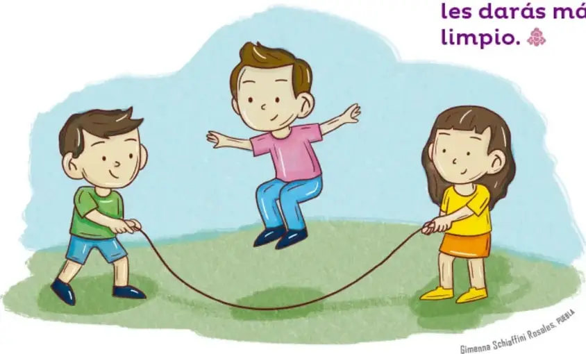 Ilustración de tres niños jugando a brincar la cuerda al aire libre: dos giran la cuerda y una niña salta, como ejemplo de ejercicio que fortalece los pulmones.