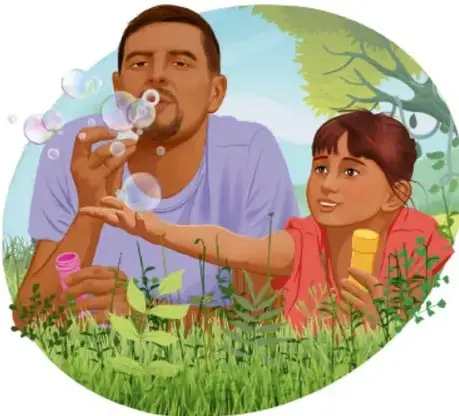 Ilustración de un padre y una niña soplando burbujas de jabón en el pasto, transmitiendo convivencia familiar sana. Crédito: Kahaia Cortsia Recia Hernández, Ciudad de México.