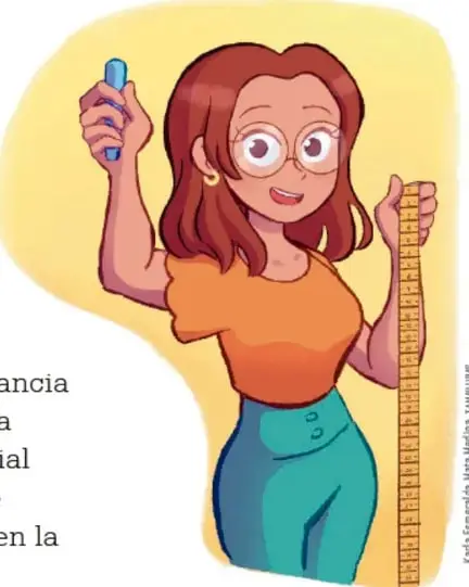 Ilustración de una estudiante con regla y cinta métrica, midiendo distancias.