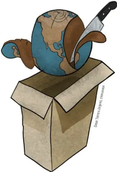 Ilustración de un globo terráqueo dentro de una caja de cartón con un cuchillo clavado, símbolo del daño humano al planeta.