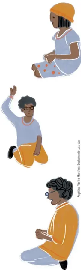 Ilustración de una estudiante sentada con vestido azul y gorro naranja.