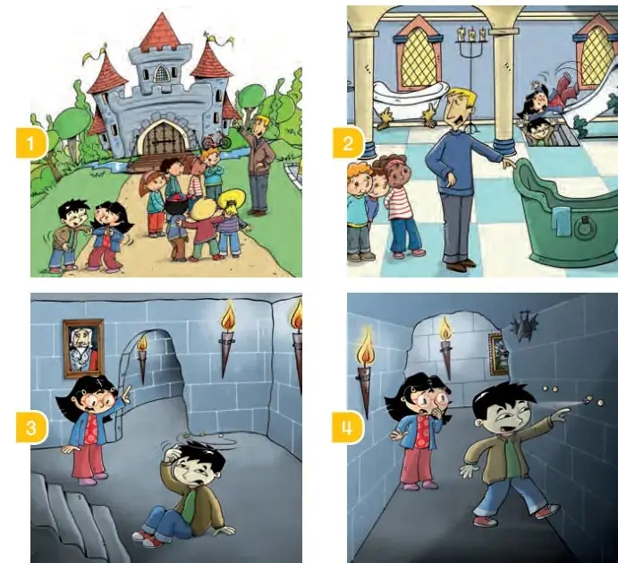 Cuatro escenas numeradas de la historia: 1) niños llegando al castillo, 2) baño con bañera y mayordomo, 3) pasillo con antorchas y un niño en el suelo, 4) pasillo con antorchas y un ratón.