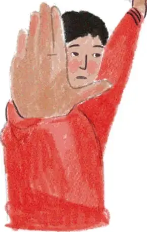 Ilustración de un estudiante con la mano extendida en señal de alto, gesto de detener una situación injusta.