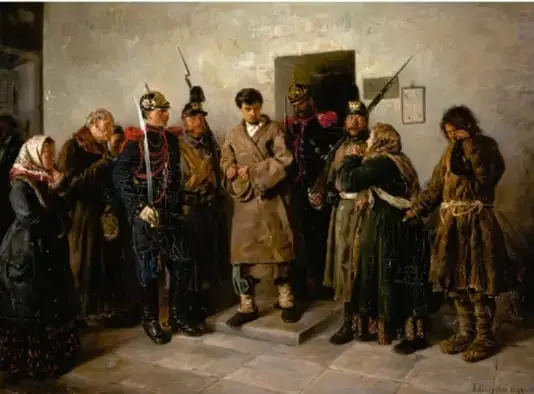 Reproducción de la pintura «El condenado» (1879) de Vladimir Makovsky, que representa a Raskolnikov, protagonista de Crimen y castigo, rodeado de soldados y familiares en un ambiente sombrío.