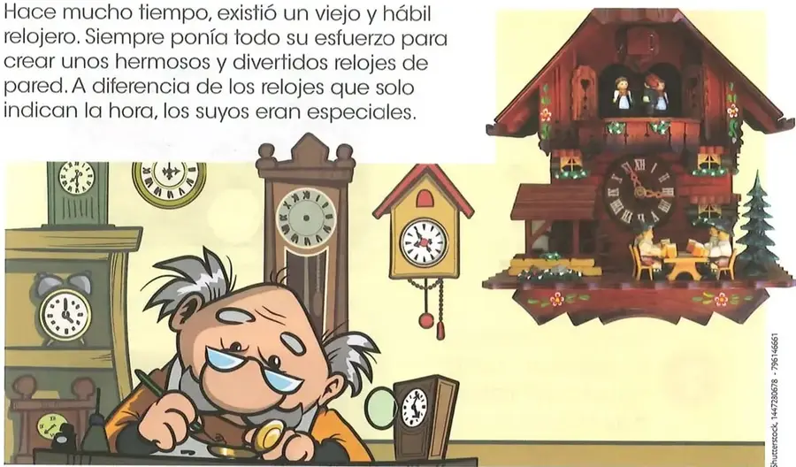 Un viejo relojero trabaja en su taller rodeado de diversos relojes de pared, algunos con figuras y mecanismos especiales.