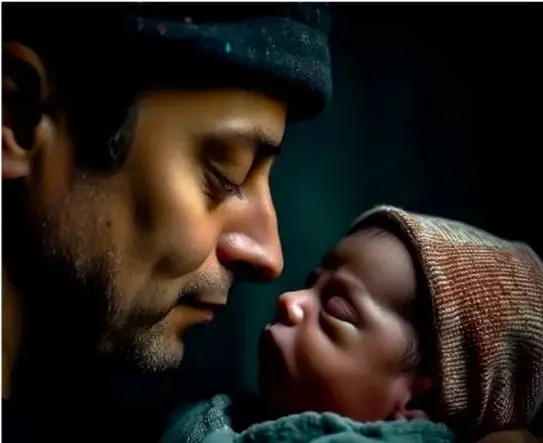 Fotografía de un hombre con gorra sosteniendo y mirando con ternura a un bebé con gorro tejido, símbolo de la natalidad.