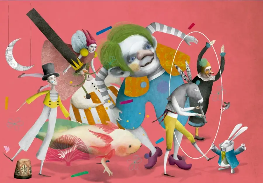 Ilustración surrealista con varios personajes: un hombre con sombrero de copa y traje amarillo, un payaso con peluca verde, una figura con máscara y capa, un caballo antropomorfo, un conejo blanco con chaleco azul, una luna creciente, un tambor y otros elementos decorativos sobre fondo rosa.