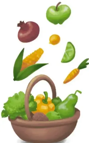 Ilustración de frutas y verduras (manzana, pepino, zanahoria, elote, lechuga, pimientos) cayendo dentro de una canasta de barro.