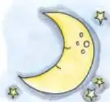 Ilustración de una luna amarilla con ojos cerrados y mejillas sonrojadas, rodeada de estrellas.