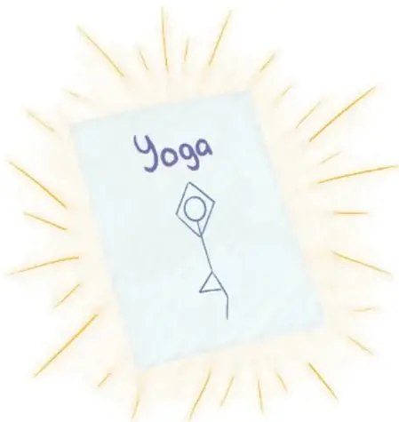 Ilustración de un cartel hecho a mano sobre fondo amarillo con rayos, con la palabra 'Yoga' y una figura dibujada. Crédito: Daniela Regis Rivas, Aguascalientes.
