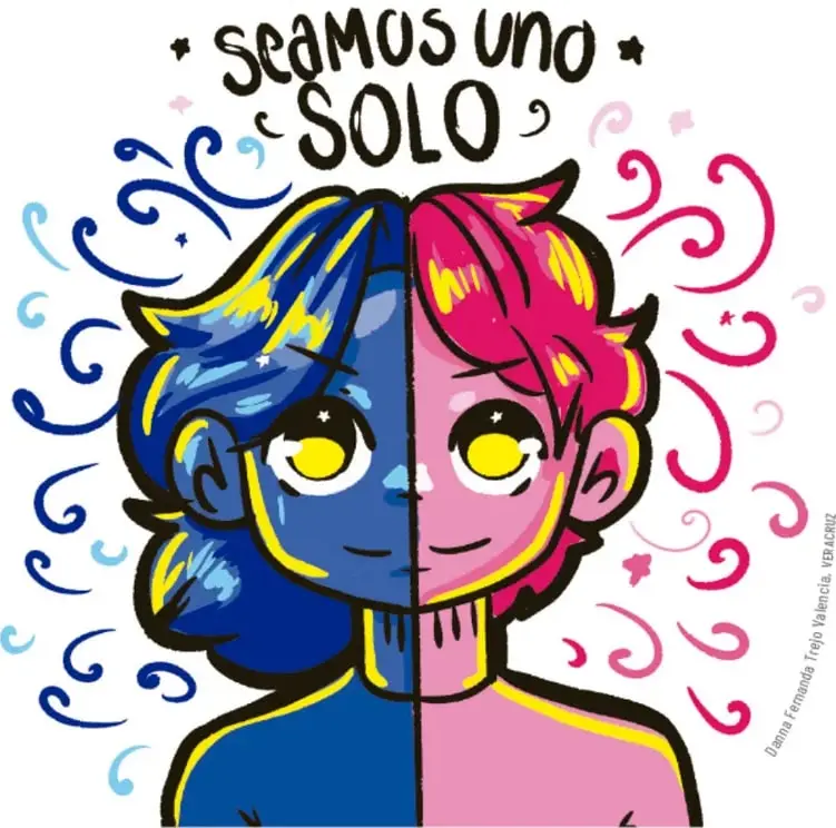 Ilustración de un rostro dividido en dos mitades: izquierda azul y derecha rosa, con ojos amarillos y la frase "Seamos uno solo". Autor: Danna Fernanda Trejo Valencia, 6° A.
