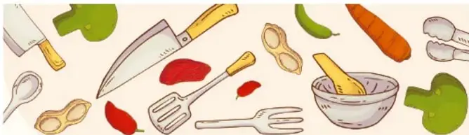 Ilustración de utensilios de cocina: cuchillos, tenedor, cuchara, batidor, sartén, verduras (zanahoria, chile, calabacita) y un plato, en tonos suaves sobre fondo crema.