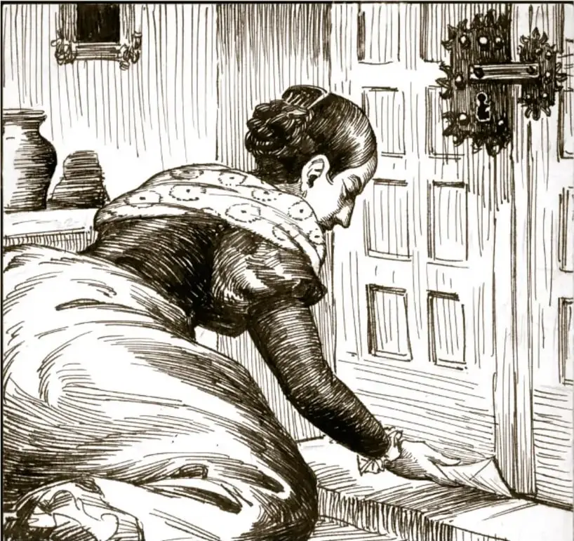 Dibujo a tinta de Salvador Pruneda: una mujer de espaldas, con rebozo, arrodillada, desliza una carta por debajo de una puerta cerrada con cerradura grande; escena interior con mesa y objetos.