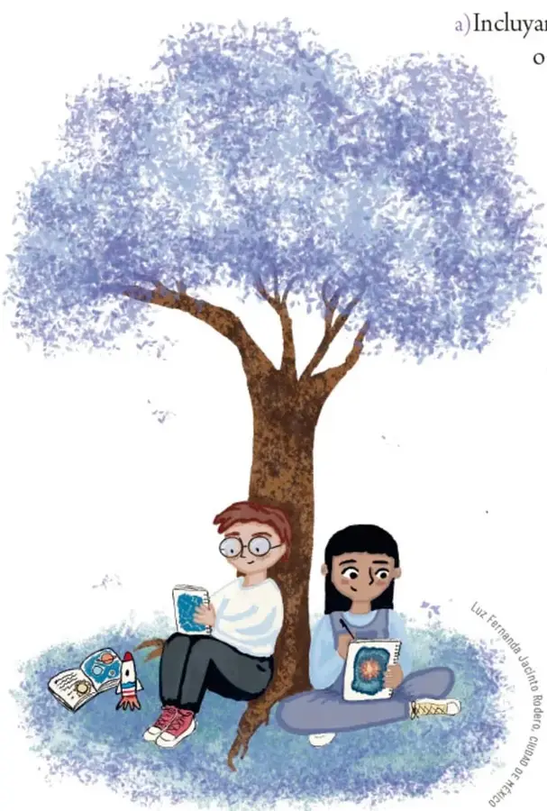 Ilustración de un árbol con dos estudiantes sentados leyendo y dibujando; uno sostiene un cuaderno con un sol y el otro un libro.