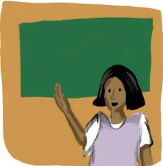 Ilustración de una niña con playera morada frente a un pizarrón verde, levantando la mano. Crédito: Mónica Mendoza Cruz, Ciudad de México.