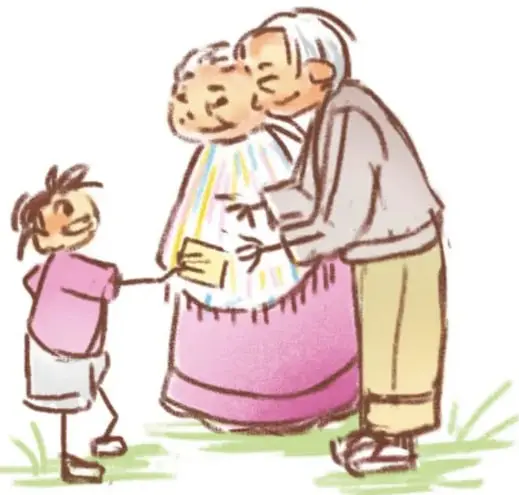 Ilustración de tijeras, una fotografía pequeña con una carita feliz, papeles y un frasco de pegamento, materiales para el collage.