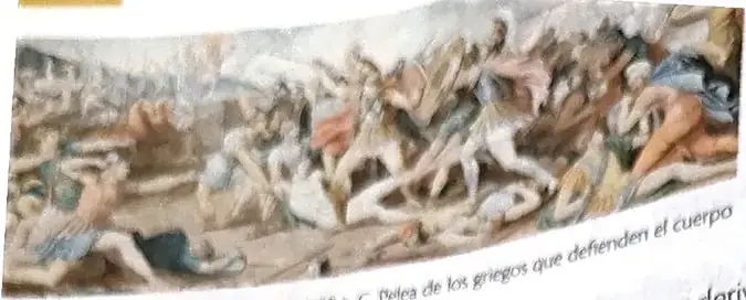 Representación en un vaso griego de una batalla de los griegos que defienden el cuerpo de Patroclo.
