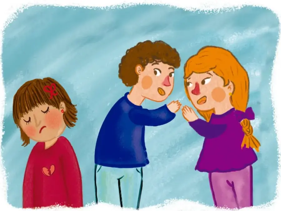 Ilustración de tres niños: una niña de suéter rojo con mirada triste y apartada, un niño de suéter azul que habla y señala con el dedo, y una niña de suéter morado que se cubre con las manos. Fondo azul claro. Crédito: Ana María Hernández Hernández, Ciudad de México.
