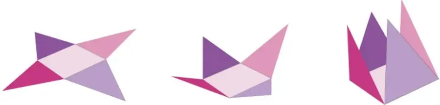 Tres desarrollo planos de pirámides de base cuadrada y triangular, en distintas disposiciones de sus caras triangulares.