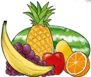 Ilustración de frutas variadas: plátano, uvas, piña, sandía, manzana y naranja.