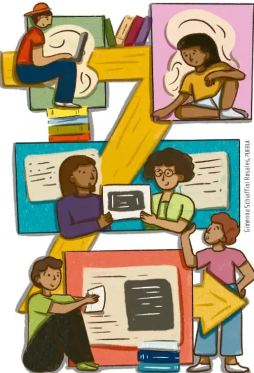 Ilustración de estudiantes preparando una exposición: leen libros, organizan tarjetas y paneles, y se ayudan entre sí, representando las Etapas 6 y 7 del proyecto.
