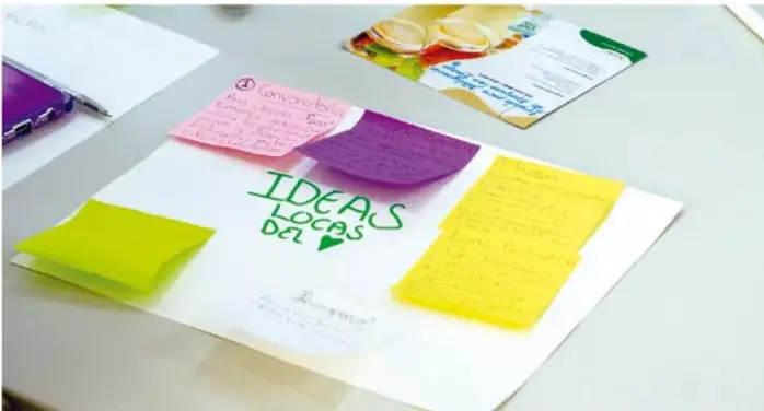 Fotografía de una mesa con proyectos escolares: cartulinas con notas adhesivas de colores y el rótulo "IDEAS LOCAS DEL...".