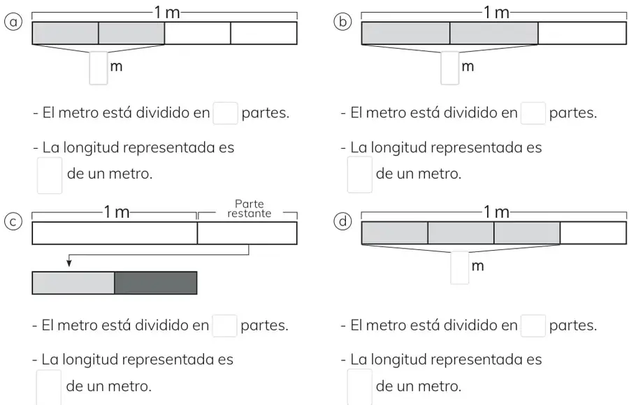 Cuatro esquemas de un metro dividido en partes iguales con cinta gris.