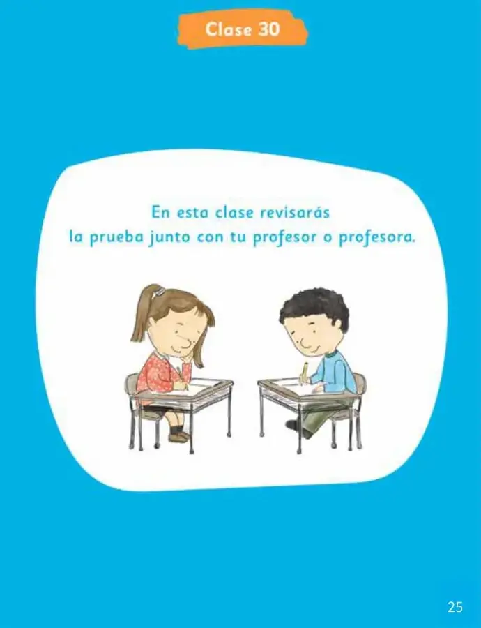 Ilustración de una niña y un niño sentados en sus pupitres escribiendo en una hoja, con expresión tranquila.