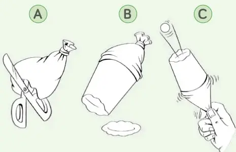Tres ilustraciones del procedimiento rotuladas A, B y C: cortar el globo, estirarlo sobre el vaso y presionar la membrana con una pelotita.