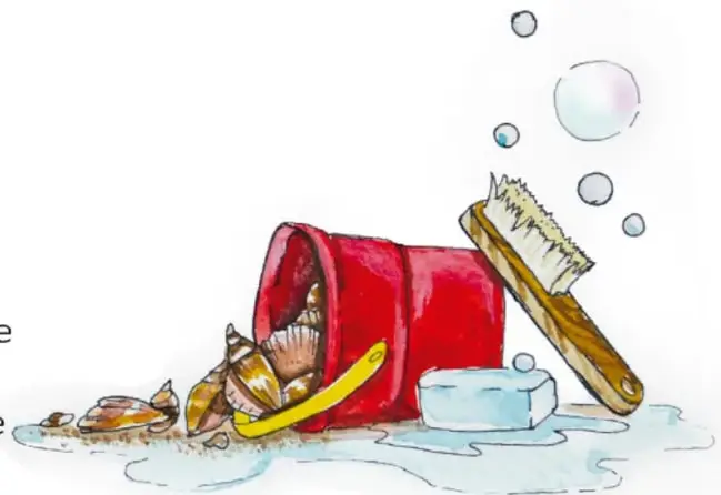 Ilustración de una cubeta roja volcada con conchas, un cepillo de madera, un jabón y burbujas.