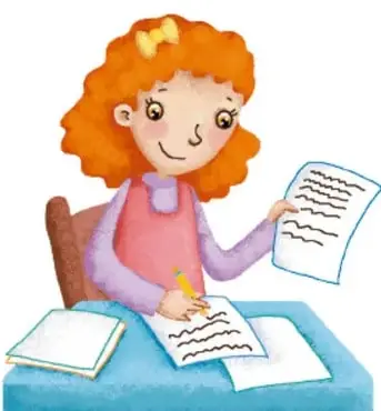 Niña con cabello naranja escribiendo en una hoja, con libros sobre la mesa.