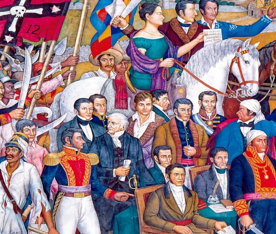 Detalle del mural 'Retablo de la Independencia' de Juan O'Gorman (1960-1961): multitud de figuras —Miguel Hidalgo de frente, José María Morelos con uniforme rojo y oro, Ignacio Allende, insurgentes con machetes y banderas (una negra con calavera y cruz, otra con el número 12), Leona Vicario sobre caballo blanco, soldados y personas afrodescendientes— que representan el carácter colectivo de la Independencia.