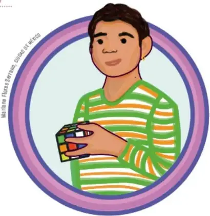 Ilustración de un niño con playera de rayas verdes y naranjas sosteniendo un cubo de Rubik, dentro de un círculo morado con la leyenda 'María Elena Solís, Ciudad de México'.