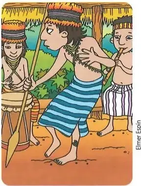 Ilustración de personas shuar realizando un ritual y bailando en la Fiesta de la culebra.