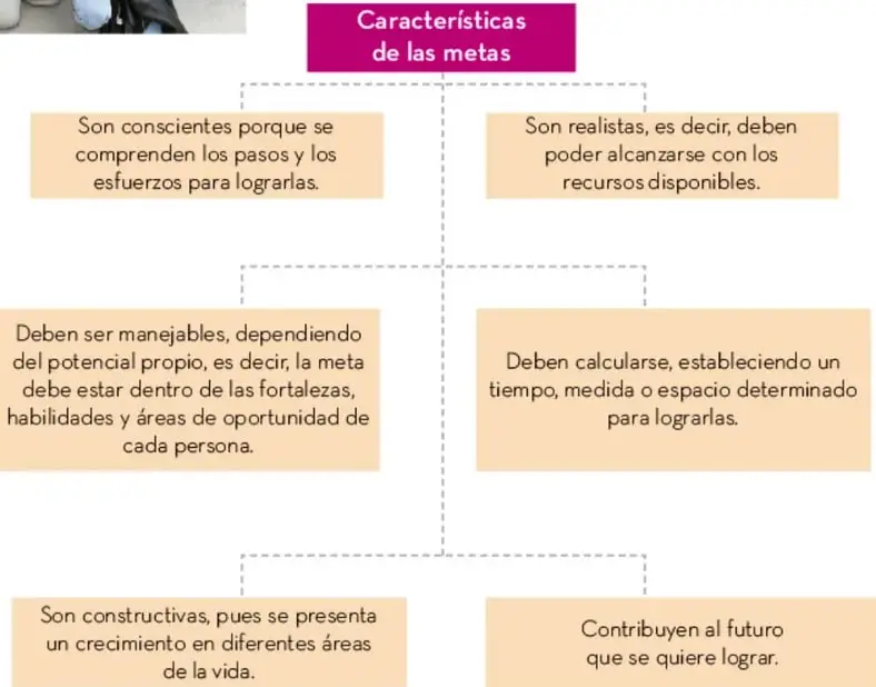 Organizador gráfico con recuadros conectados por líneas discontinuas titulado 'Características de las metas', con seis recuadros de texto.