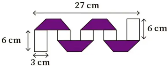 Tira de papel doblada en zigzag: cinco rectángulos blancos verticales de 6 cm y cuatro trapecios morados; ancho total 27 cm, ancho de la tira 3 cm.