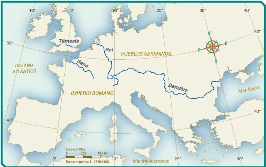 Mapa histórico de Europa, norte de África y Oriente Medio que muestra la división entre los Pueblos Germanos y el Imperio Romano, con los ríos Támesis, Rin, Sena y Danubio como referencias geográficas.