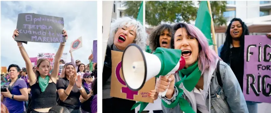 Dos fotografías de la marcha: a la izquierda, una mujer sostiene una pancarta que dice 'El patriarcado TIEMBLA cuando te vas MARCHAR' con pañuelo verde; a la derecha, mujeres gritan por un megáfono con pañuelos verdes y una pancarta morada con el símbolo de mujer; se lee al margen 'FIG FOR RIG' (Fight for rights).