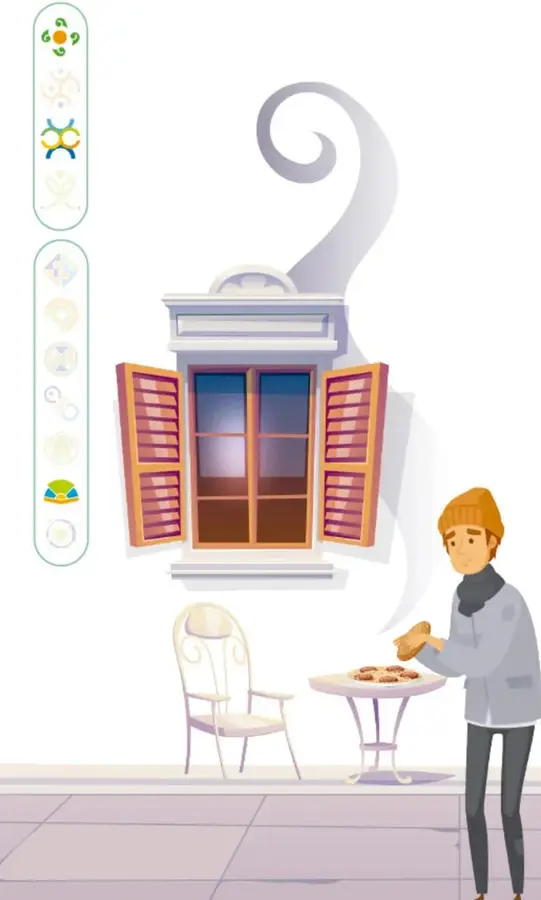 Ilustración de un hombre con gorro, saco gris y bufanda, parado frente a la ventana abierta de un restaurante con una mesa donde hay albóndigas; del aroma de la ventana sale una gran voluta en forma de signo de interrogación. A la izquierda hay un costado con íconos del proyecto.