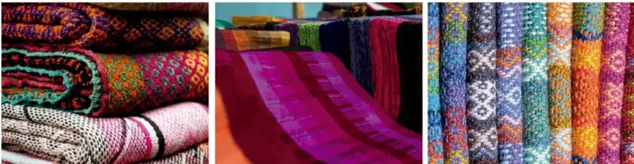 Tres fotografías de telas y tejidos de colores con distintos patrones y texturas, mostrando la variedad de materiales textiles.