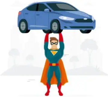 Ilustración de un superhéroe levantando un auto azul con una mano.