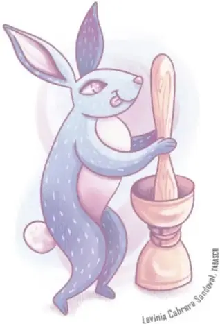 Ilustración de un conejo morado batiendo tortitas de arroz en un mortero con mazo, con un boton de flor como cola.