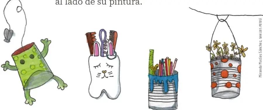 Ilustración de una rana sobre un frasco verde con puntos, con un hilo y un corazón colgando, representando material reciclado para el mural.