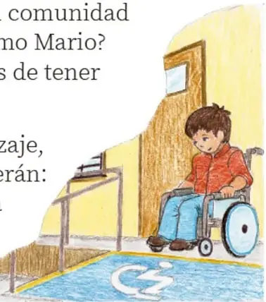 Ilustración de un niño en silla de ruedas junto a una rampa con el símbolo de accesibilidad, frente a la entrada de un edificio. Crédito: Gabriel Ramón García, VERACRUZ.