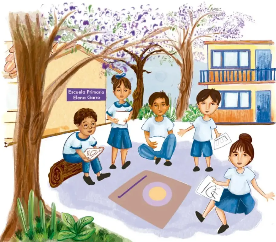 Ilustración a color de cinco niños y niñas con uniforme blanco y azul que exponen sus fichas de autoconocimiento en el patio de la Escuela Primaria Elena Garro, rodeados de árboles de jacaranda en flor y edificios. Crédito: Nidia Alejandra Hernández Hernández, Ciudad de México.