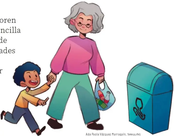 Ilustración de una adulta mayor con un niño caminando con bolsas de reciclaje junto a un bote de basura azul; crédito a Ada Paola Vázquez Marroquín, Tamaulipas.